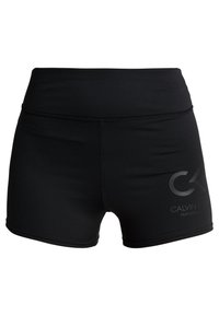 Sort træningsshorts lavet af letvægts, strækbart materiale. Har en høj talje og et diskret logo på forsiden til venstre.