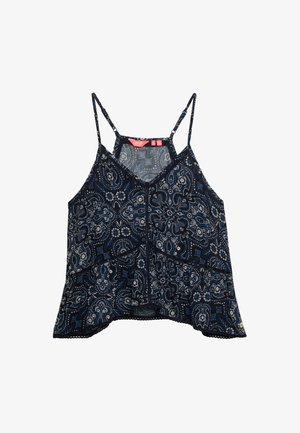 Ærmeløs marineblå camisole med tynde justerbare stropper og indviklede hvide og blå blomstrede paisley-mønstre.