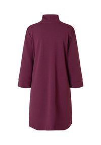 Robe à manches longues en bordeaux profond, avec un col haut et une coupe décontractée, présentant une texture lisse et une ligne d'ourlet légèrement évasée.