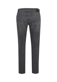 Grijze denim jeans met een slim fit, met een rechte pijp, vijf zakken en een gladde textuur. Achteraanzicht met dubbele stikseldetails.