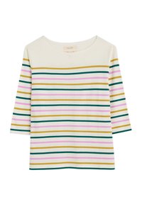 Striped T-shirt in cream with green, pink, and gold horizontal lines. Features a round neckline and three-quarter length sleeves.