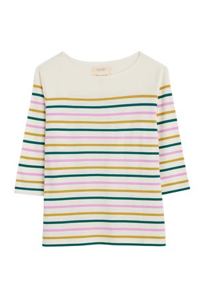 Striped T-shirt in cream with green, pink, and gold horizontal lines. Features a round neckline and three-quarter length sleeves.