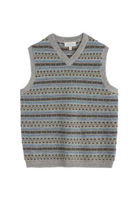 Grijze mouwloze vest met V-hals, voorzien van een patroonontwerp van blauwe, bruine en crèmekleurige strepen. Gemaakt van gebreide stof met ribbelranden.