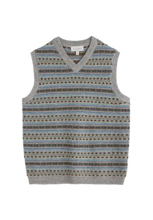 Gilet grigio senza maniche con scollo a V, caratterizzato da un motivo a righe blu, marrone e crema. Realizzato in tessuto a maglia con bordi a costine.