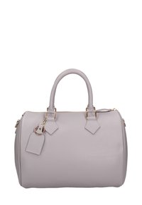 Borsa a mano in pelle grigia con forma arrotondata, doppi manici, dettagli in metallo dorato e un'etichetta removibile. Superficie testurizzata con finitura liscia.