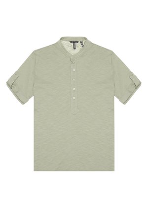 Lichtgroene shirt met korte mouwen en staande kraag, vijfknoplijst en opgerolde mouwen. Soepele stof met een subtiele textuur.