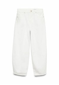Pantalon blanc taille haute droit avec passants de ceinture, bouton à l'avant, fermeture éclair, et poches avant et arrière sur fond blanc.