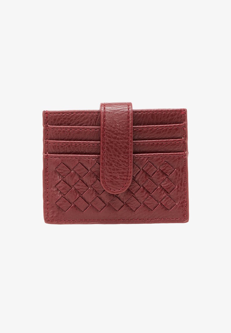 Red leather cardholder with a woven texture on the front, featuring a flap closure and four card slots on the back. Smooth finish.