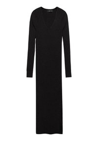 Abito lungo a maniche lunghe nero a coste con scollo a V profondo. Vestibilità slim, lunghezza fino al pavimento, con spacco laterale e tessuto testurizzato per un tocco in più.
