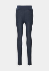 Leggings azul-marinho com uma cintura alta. Apresenta um padrão texturizado horizontal e vertical ao longo das pernas. Feitas de um material elástico.