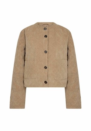 Chaqueta de pana beige con mangas largas, cuello redondo, dos bolsillos delanteros y cinco botones oscuros en el centro delantero.