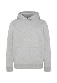 Grey hooded sweatshirt with a kangaroo pocket, ribbed cuffs, and hem. Made from soft fabric with a smooth texture and relaxed fit.