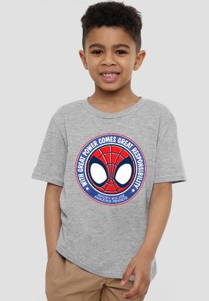 Gray cotton T-shirt featuring a circular Spiderman graphic with white eyes and red web design. Text around the image includes a quote.
