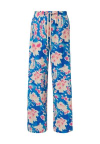 Hose im weit geschnittenen Stil mit blauem und rosanem Blumenmuster, elastischem Bund, Kordelzug und zwei Seitentaschen. Aus leichtem Stoff gefertigt.