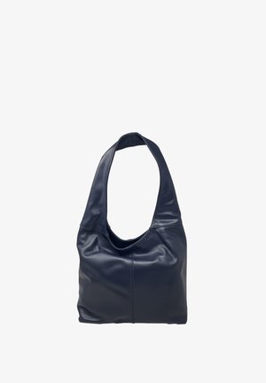 Bolso de cuero azul marino con una sola correa para el hombro, textura suave, cuerpo redondeado y detalles de costura sutiles.