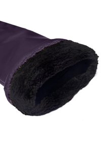 Purple insulated glove with a black faux fur inner lining and stitched seams at the cuff, showcasing a curved shape and smooth texture.