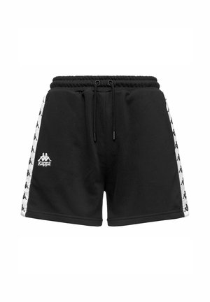 Pantaloncini neri Kappa con fascia elastica in vita, coulisse e strisce laterali bianche con motivi ripetuti del logo Kappa.