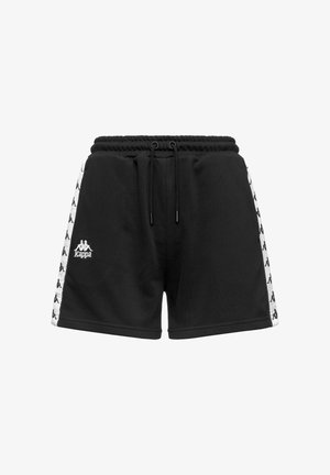 Shorts noirs Kappa avec taille élastique, cordon de serrage et bandes latérales blanches avec motifs répétitifs du logo Kappa.