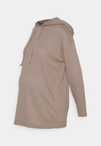 Hoodie a coste marrone chiaro con tasca a marsupio frontale e cappuccio con cordino, progettato per una vestibilità comoda con maniche lunghe.