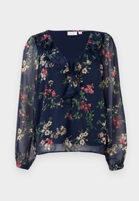 Blouse transparente bleu marine avec imprimé floral. Présente un décolleté en V, des détails froncés et de longues manches bouffantes avec des poignets élastiques.