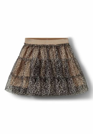 Gonna a balze in tessuto trasparente con stampa animalier in tonalità di marrone e nero. Vita elastica con riflessi dorati. Volant testurizzati su tutta la superficie.