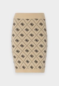 Jupe crayon en tricot beige avec un motif de losanges noirs et un design de logo entrelacé, avec une taille et un ourlet côtelés.