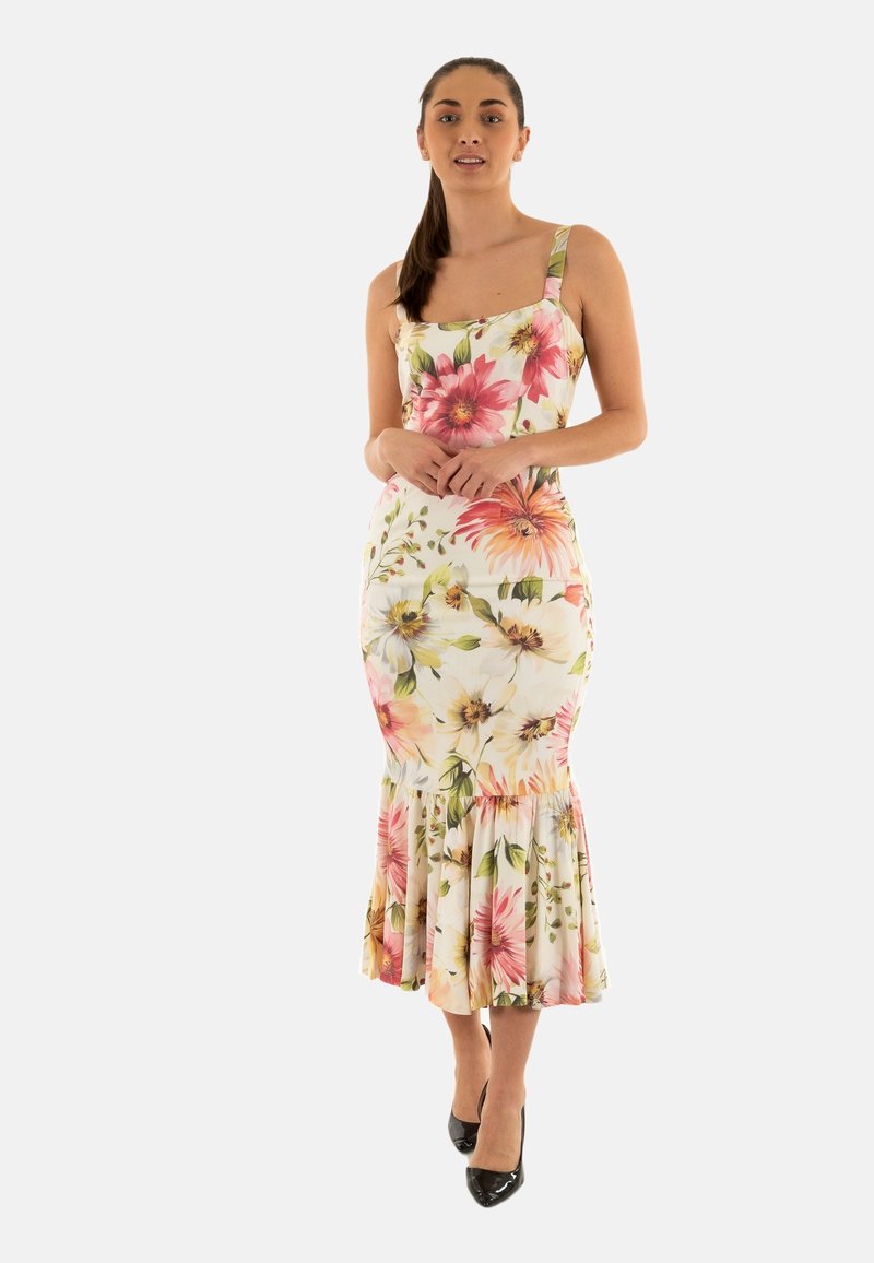 Abito midi floreale con spalline regolabili, caratterizzato da fiori multicolori su uno sfondo crema, orlo svasato e vita aderente.