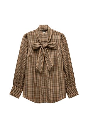 Braun- und beigen karierte Bluse mit einer Schleife am Kragen, Knopfleiste und langen, gepufften Ärmeln. Aus Baumwollmaterial mit einer strukturierten Oberfläche.