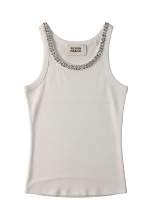 Canotta bianca senza maniche con scollo rotondo decorato con applicazioni di perline argento, etichettata Silvian Heach.