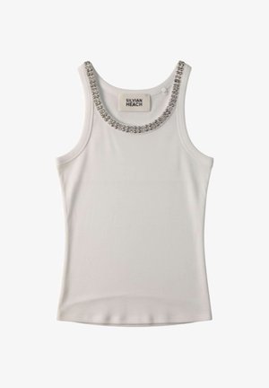 Canotta bianca senza maniche con scollo rotondo decorato con applicazioni di perline argento, etichettata Silvian Heach.