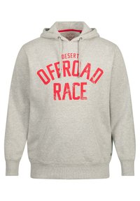 Felpa grigia con tasca a kangaroo frontale, caratterizzata da una grande grafica rossa "DESERT OFFROAD RACE". Cappuccio regolabile con cordino, polsini a costine.