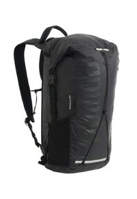 Black backpack with a cylindrical shape, made from nylon, featuring adjustable straps, a mesh side pocket, and reflective accents.