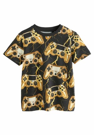 Schwarzes Kurzarmhemd mit einem Muster aus goldenen und weißen Videospiel-Controllern sowie gelben Blitzen.