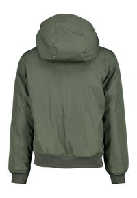 Olivově zelená kapucí zdobená bunda z hladké látky, s žebrovaným lemem a manžetami, se strukturovanou kapucí a čistými liniemi.