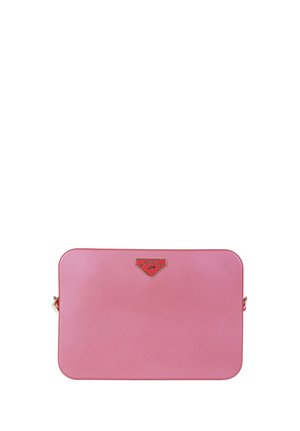 Rectangular pink leather clutch bag with rounded edges and gold-tone triangular logo plaque on front.