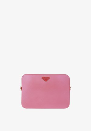 Rectangular pink leather clutch bag with rounded edges and gold-tone triangular logo plaque on front.