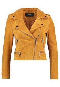 Gul mockaläder motorcykeljacka med dragkedja framtill, silverdetaljer, figurnära design och uttalade slag. Fodrad insida är synlig.