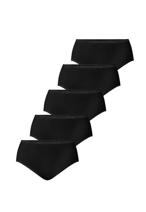 Cinq culottes noires taille haute disposées en diagonale, avec une fine ceinture élastique arborant un petit logo de marque répétitif.