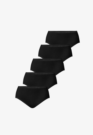 Fem sorte højttaljede trusser arrangeret diagonalt, med en subtil elastisk linning med et lille gentagende mærkelogo.