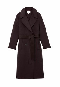 Tumši brūns garais vilnas mētelis ar plašiem uzlāpēm, dubultām pogām, sānu kabatām un atbilstošu jostu, kas sasieta ap vidukli.