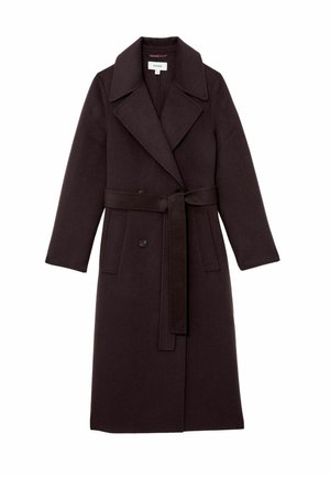 Tumši brūns garais vilnas mētelis ar plašiem uzlāpēm, dubultām pogām, sānu kabatām un atbilstošu jostu, kas sasieta ap vidukli.