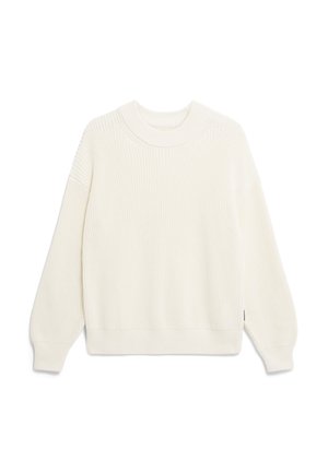 Cream knitted sweater with a crew neck, long sleeves, and ribbed cuffs, featuring a textured pattern and loose fit.