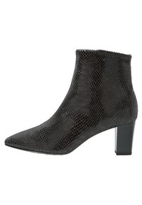 Bottine noire avec un bout pointu, motif textured de serpent et un talon bloc épais. Fabriquée en matériau synthétique.