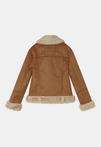 Giacca in finta pelle scamosciata marrone con colletto e polsini in pelliccia soffice, caratterizzata da un taglio dritto e dettagli di cucitura visibili sul retro.