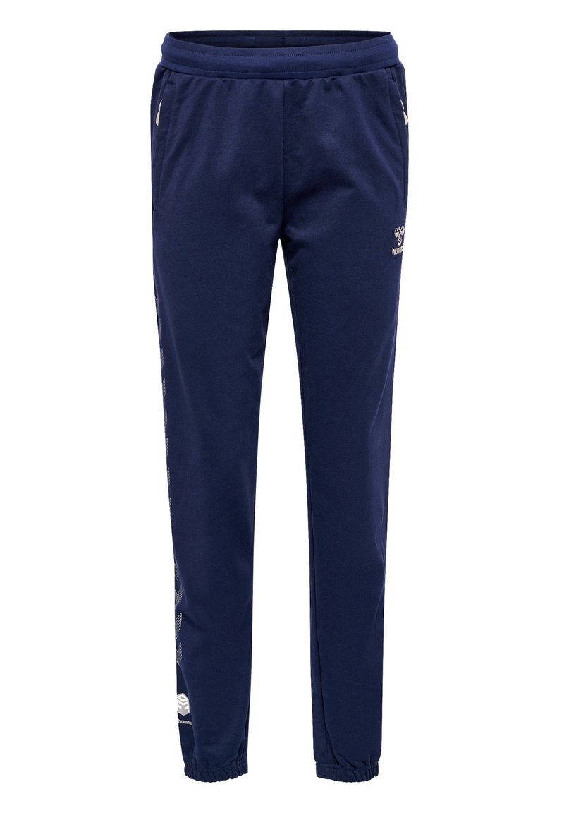 Marineblauwe sweatpants van zachte stof, met een elastische tailleband, taps toelopende broekspijpen en zijzakken, met een logo-accent aan één kant.