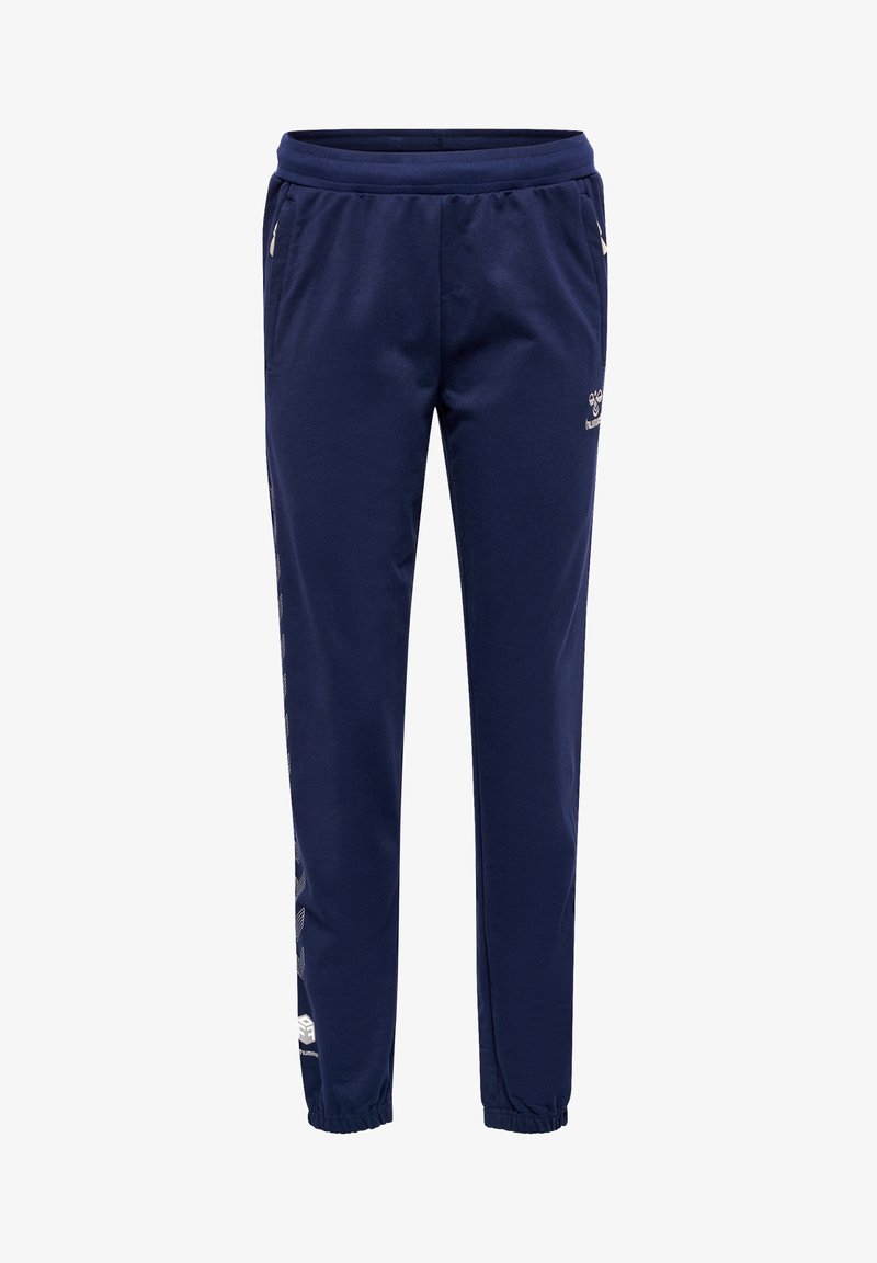 Marinblå sweatpants i mjukt tyg, med elastisk midja, smalnande ben och sidofickor, samt en logotypdekor på ena sidan.