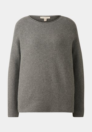 Grijze gebreide trui met een ronde halslijn, lange mouwen en een relaxte pasvorm. Beschikt over een gestructureerde stof en subtiele ribbels aan de randen.
