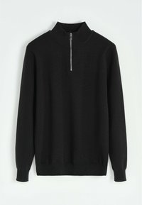 Pull noir avec col montant, zipper demi sur le devant, manches longues, poignet côtelé, et ourlet. Fabriqué à partir d'un tissu doux et texturé.