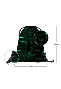 Borsa a coulisse nera con un motivo digitale di codice binario verde, misura 46 cm x 36 cm. Presenta un tessuto resistente e spallacci regolabili.