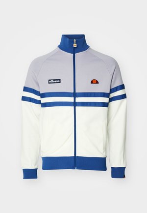 Track jacket featuring light gray upper, white lower, and blue accents. Includes logo patch, zip-up front, and striped details on sleeves.
